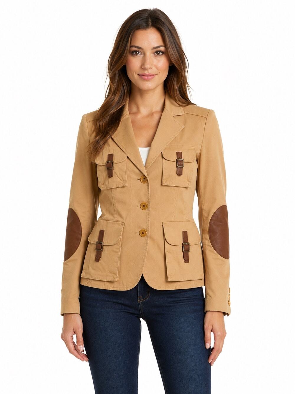 BCBG Max Azria Sandra Safari Blazer Tan Leather Trim Elbow Patch Jacket Small